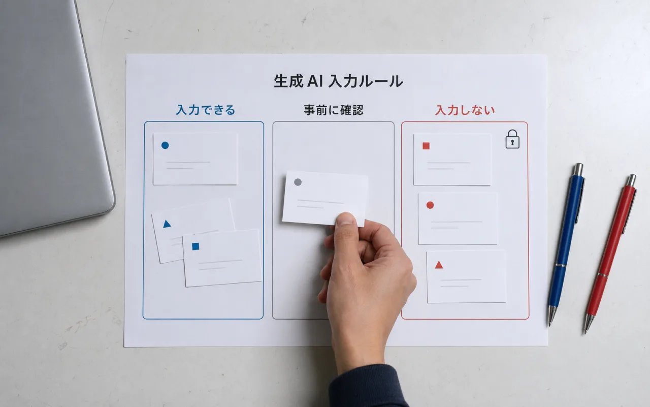 生成AIへ入力できる情報、事前確認が必要な情報、入力しない情報を分類したルール表
