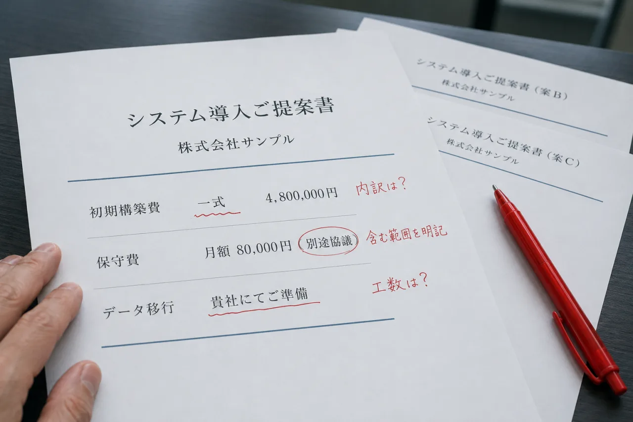 システム導入提案書の見積項目に赤字で確認事項を書き込んだ例