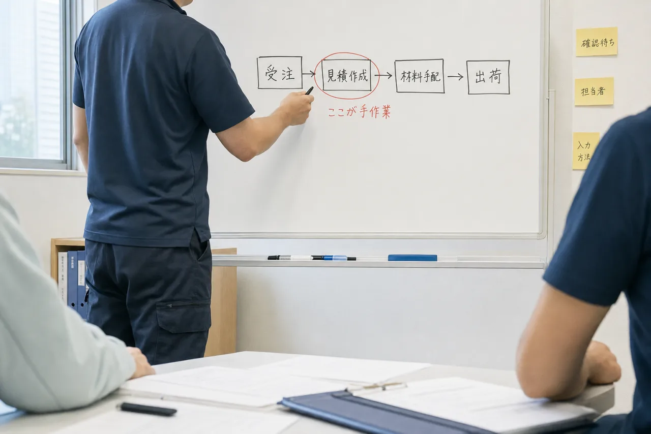 ホワイトボードに受注から出荷までの業務フローを書き、手作業の工程を確認する様子